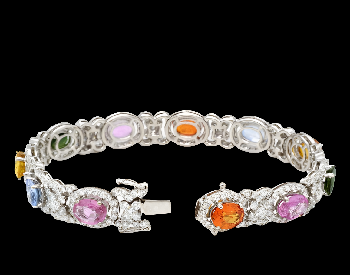COCOMONEY Multicolor Sapphires 16.80 carats Adjacent Round Brilliant Natural Genuine Diamonds 7.28 carats 18K 24.8 grams.