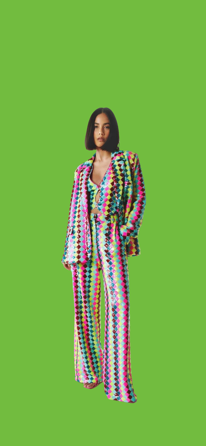 COCOMONEY Rainbow Sequin Patchwork Blazer Two Piece Pant Set-Multicolor