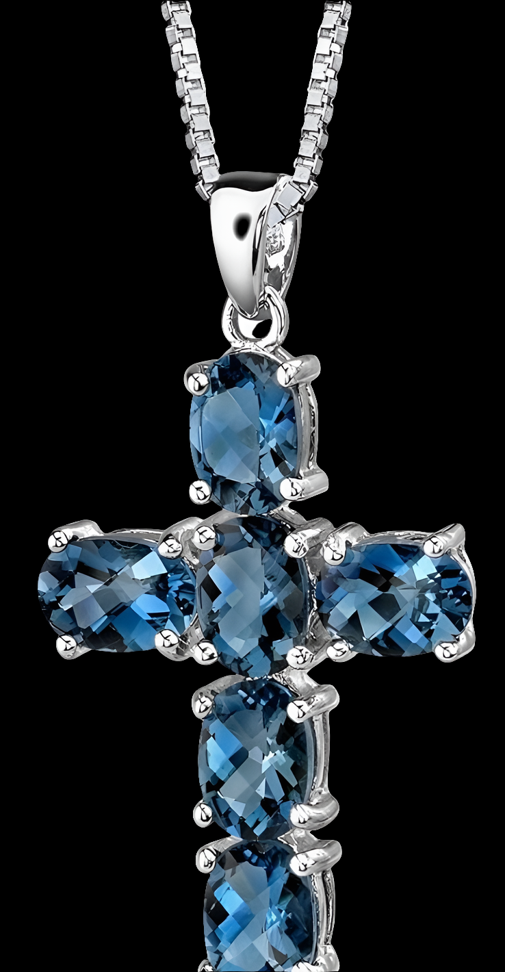 Genuine London Blue Topaz Cross Pendant Necklace for Women 925 Sterling Silver, December Birthstone, 6 Carats total Oval Shape, with 18 inch Chain, Blue Stone Necklace, Jewelry Gift