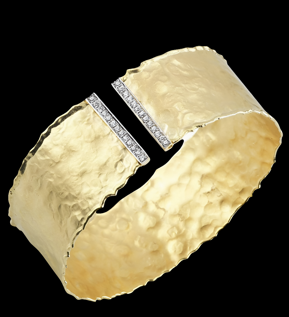 COCOMONEY 14K Yellow Gold 0.31ct TDW Diamond Hammered-finish Cuff Bracelet