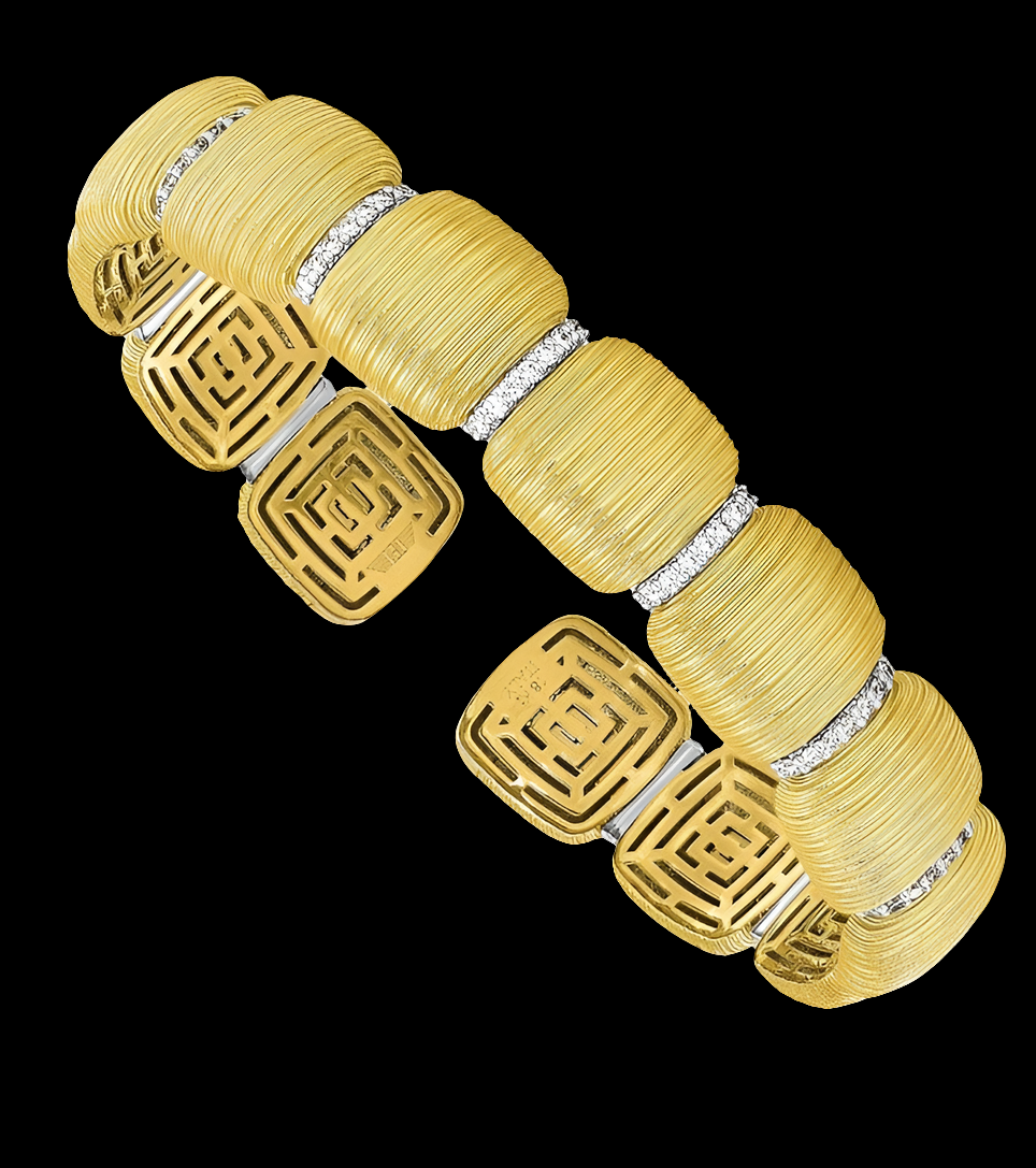 COCOMONEY 0.40 Ct Diamond 18k Yellow Gold 14mm Textured Satin Finish Fancy Style Cuff Bangle Bracelet