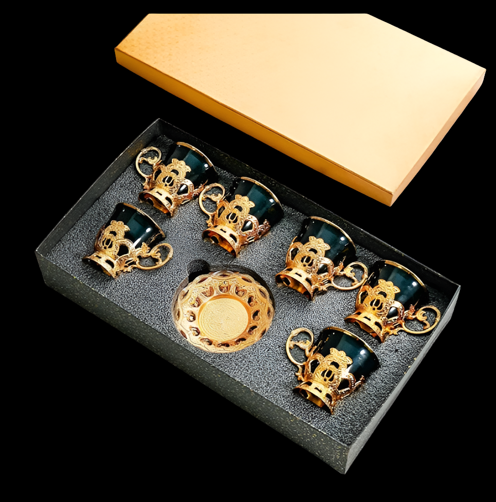 GOLD PLATED Ceramic Coffee Cup Dish Set Simple Gold Plated Mug-Pink 6 cups 6 plates