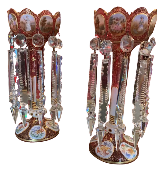 Pair of antique Moser Bohemian cranberry overlay hand painted lusters, circa 1900s cranberry glass