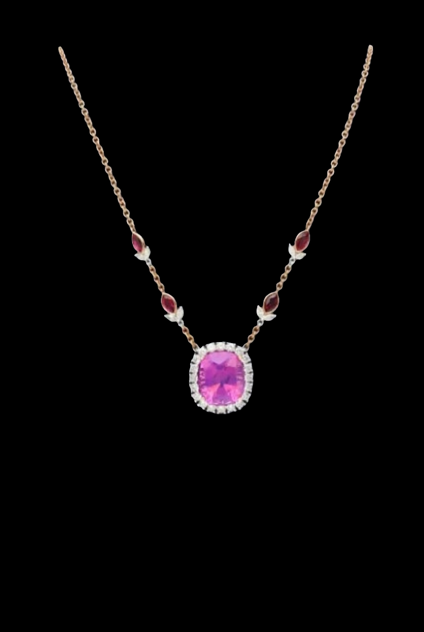 AGL Certified 10.26 Carat Cushion Cut Pink Sapphire, Ruby, & Diamond Necklace