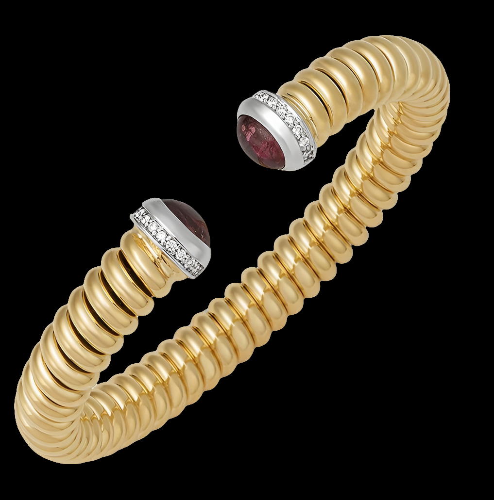 COCOMONEY 0.18 Ct Diamonds and Garnet 18k Yellow Gold High Polish Woven Ribbed Cuff Bangle Bracelet - Artistic Elegance