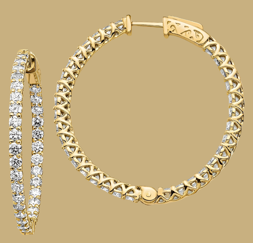 Solid 14K Gold Diamond Round Hoop w/Safety Clasp Earrings