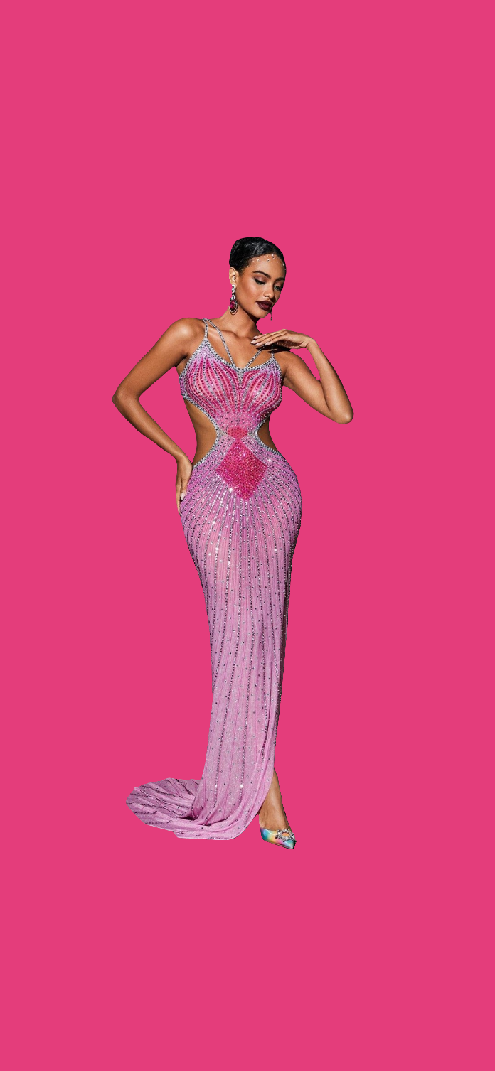 Crystal Cutout Maxi Dress In Hot Pink and Grey COCOMONEY