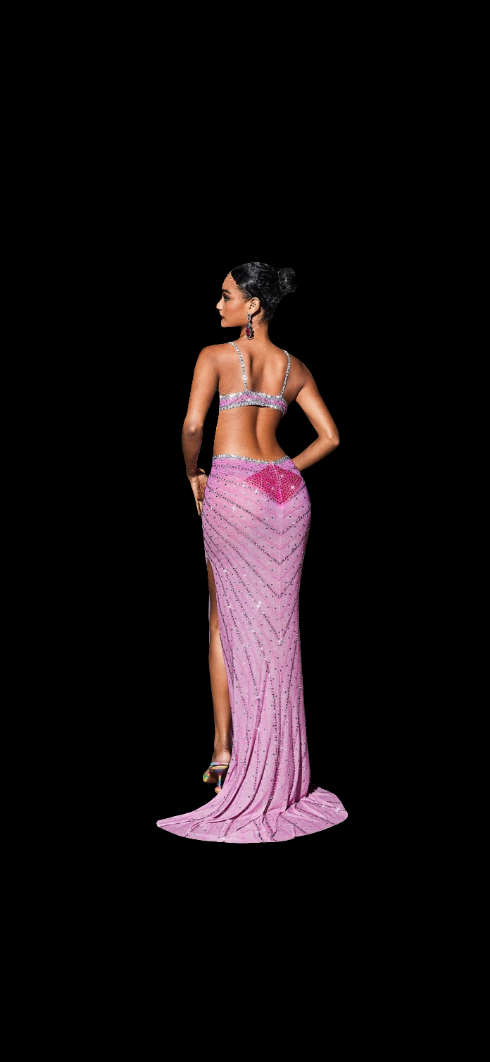 Crystal Cutout Maxi Dress In Hot Pink and Grey COCOMONEY