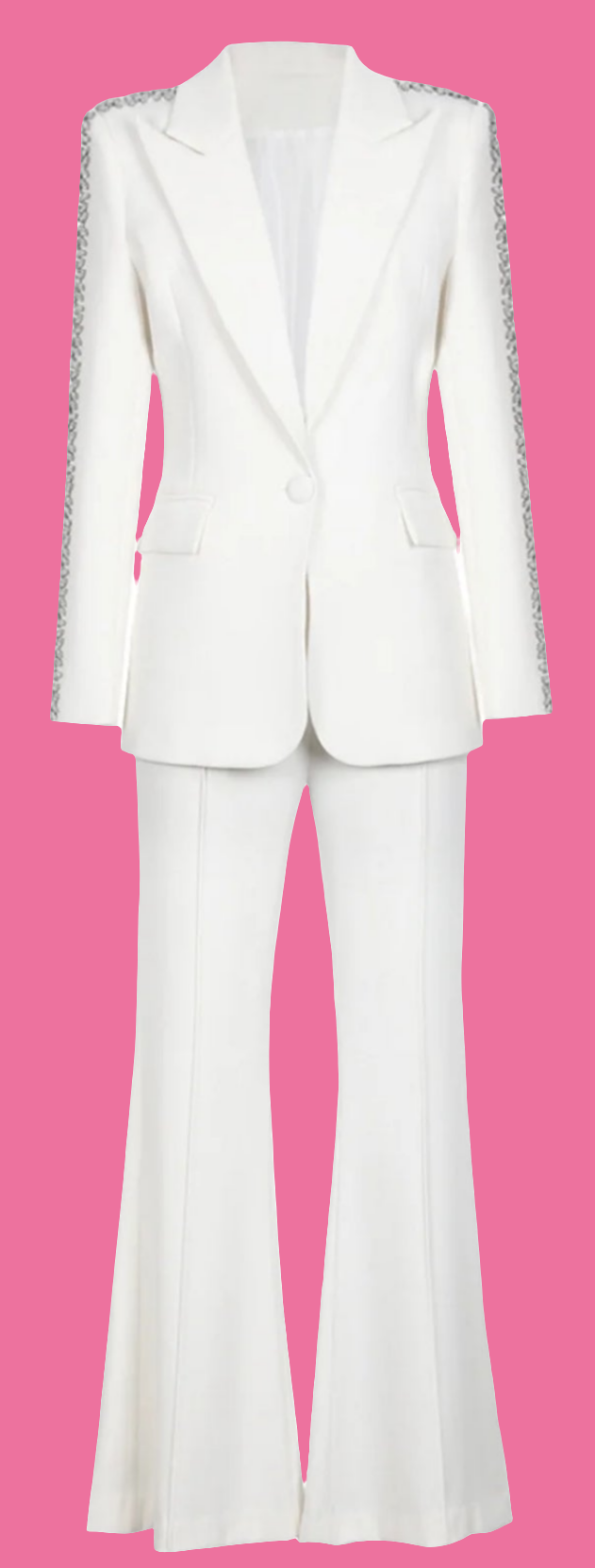 COCOMONEY Lapel Collar Rhinestone Flare Leg Two Piece Pant Set-White or Black