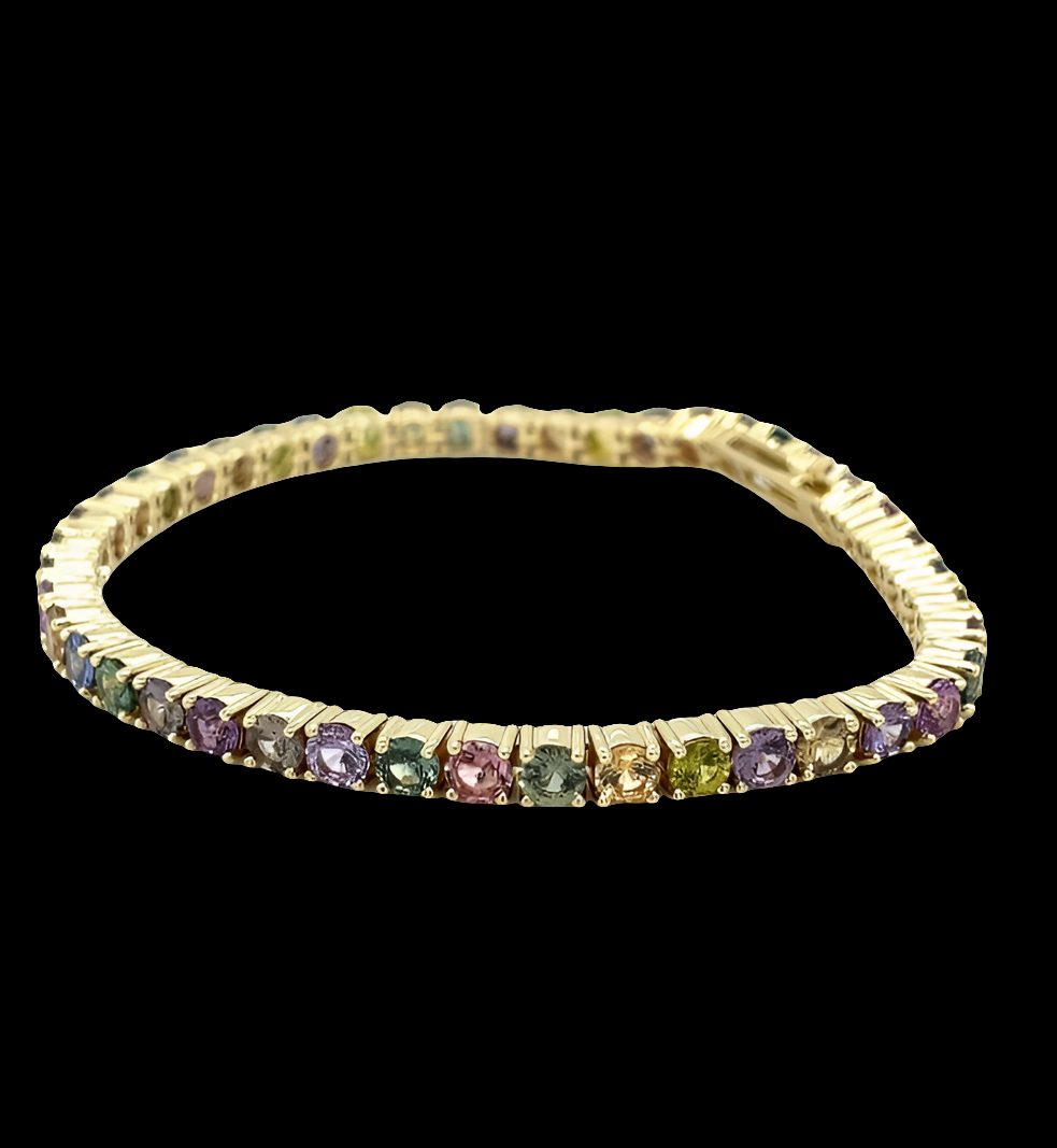COCOMONEY 14k Gold Multicolor Sapphire Bracelet, 44 Round Stones, 13.68 Carats, 15.55 Grams