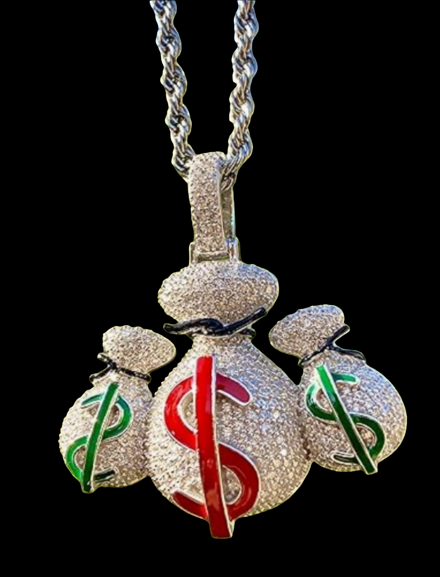 Custom MONEY BAG 925 Italy White Gold Finish Iced Silver Charm Ice Out Pendant Stainless Steel Real 3 mm Rope Chain, Mans Jewelry, Iced Pendant, Rope Necklace 16