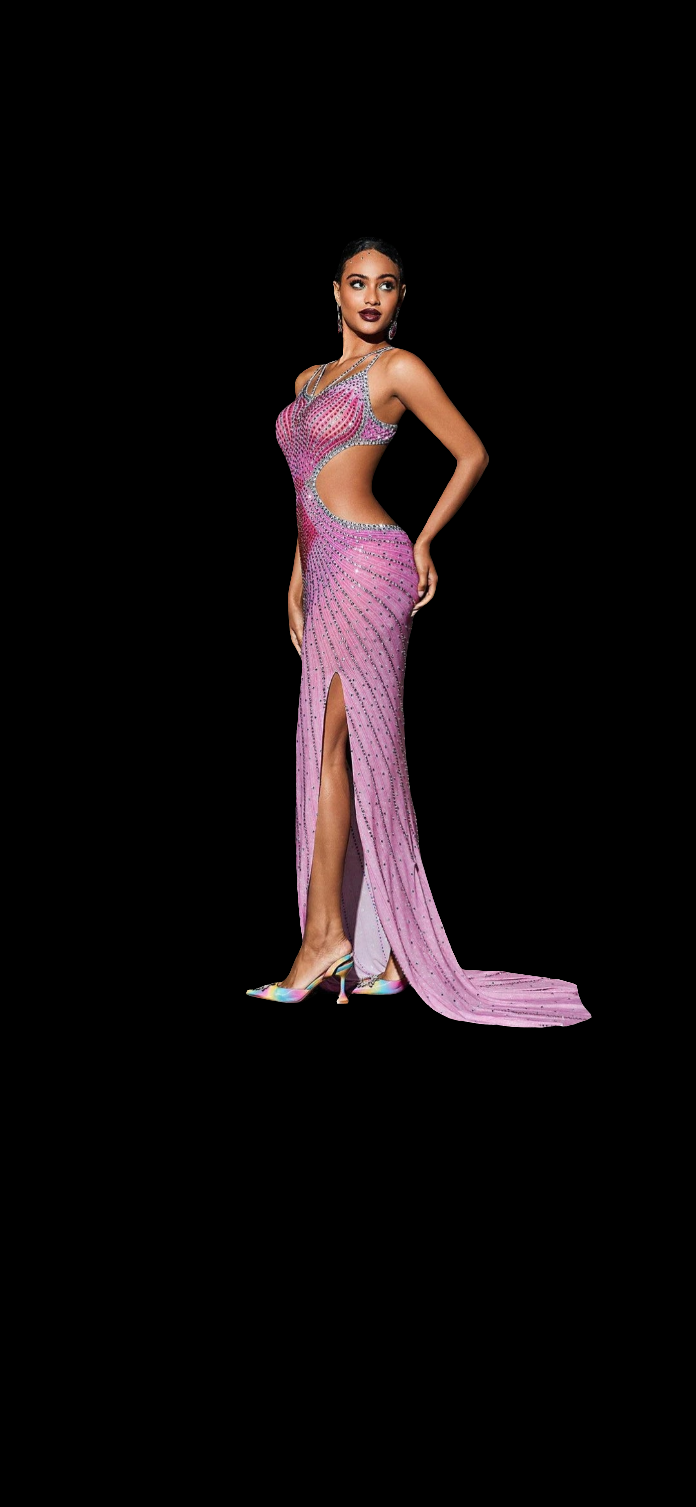 Crystal Cutout Maxi Dress In Hot Pink and Grey COCOMONEY