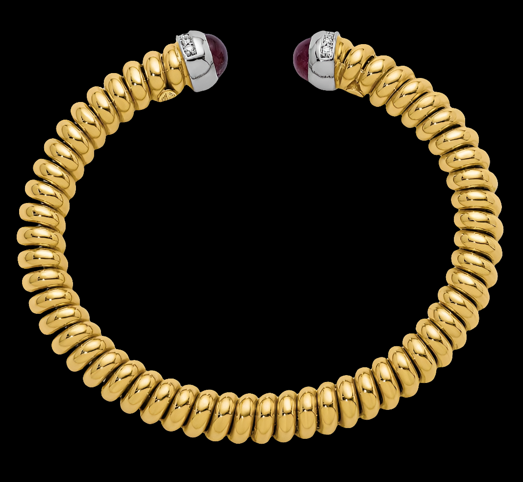 COCOMONEY 0.18 Ct Diamonds and Garnet 18k Yellow Gold High Polish Woven Ribbed Cuff Bangle Bracelet - Artistic Elegance