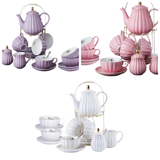 QUEEN BEE COLLECTION Fine China tea set Coffee Cup/Teacup Set, 8 OZ Cups & Saucer, with Teapot-Sugar Bowl-Cream Pitcher Teaspoons and tea strainer for Tea/Coffee, Serve of 6)