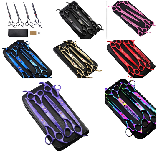 Professional 7.0 inch 4PCS Pet Grooming Scissors Kit Japan Premium Steel Straight & Curved & Thinning Blade Dog Hair Cutting Shears Set with Case