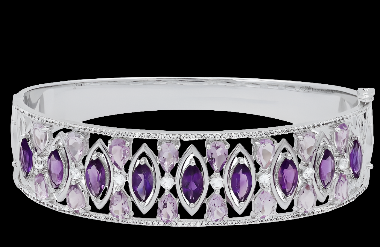 925 Marquise & Pear Amethyst with Round White Sapphire Ladies Gorgeous Bangle Bracelet, 925 Sterling Silver