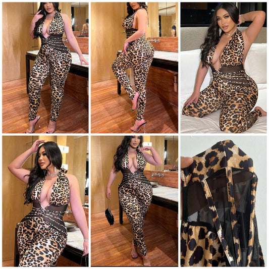 Plus Size Women's Halter High Stretch Figure-Hugging Sexy Leopard Print Mesh Patchwork Jumpsuit, Spring/Summer COCOMONEY