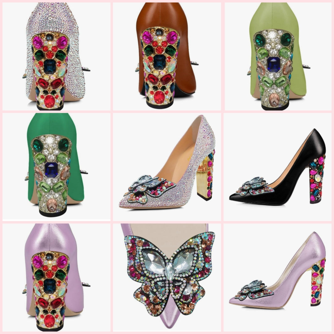 Women Bow Pump Butterfly Slip on Rhinestone Chunky High Heels Pointed Toe Studded Shoe