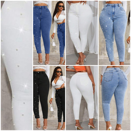 Plus Size Blue Elastic Denim Jeans With Pearl Decor COCOMONEY