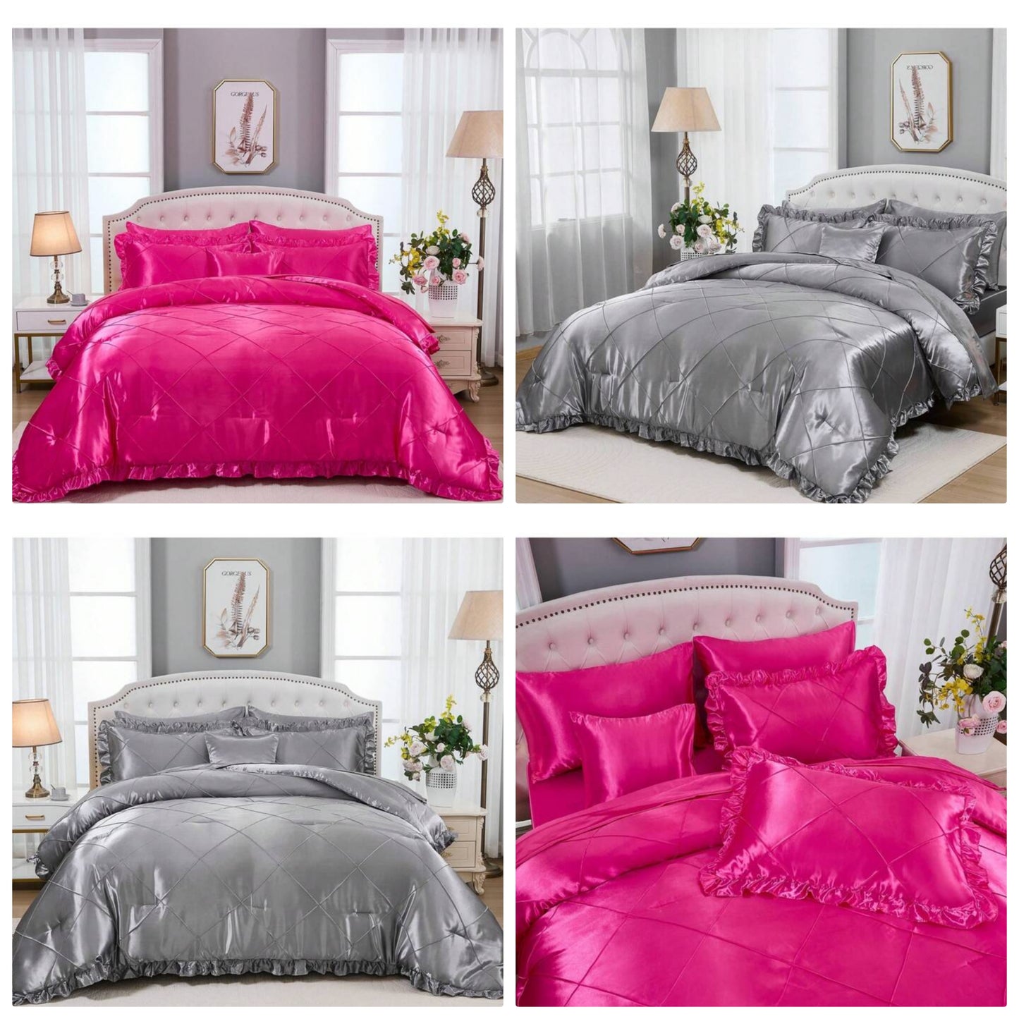 Satin Bed In A Bag 8 Pieces Queen Size Silk Like Hot Pink Comforter Set Luxury Silky Bedding Set Soft Pinch Pleat Comforter Set Cooling Sheet Set