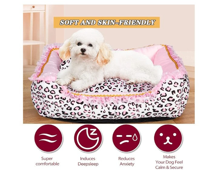 Bed for Small Dogs or cats- Cute Pink Leopard Dog Bed,Cat Beds for Indoor Cats Washable - Square Shape Cat Dog Sofa Bed Pet House Nest Cave(M, 20.8" L x 18" W x 5.5"