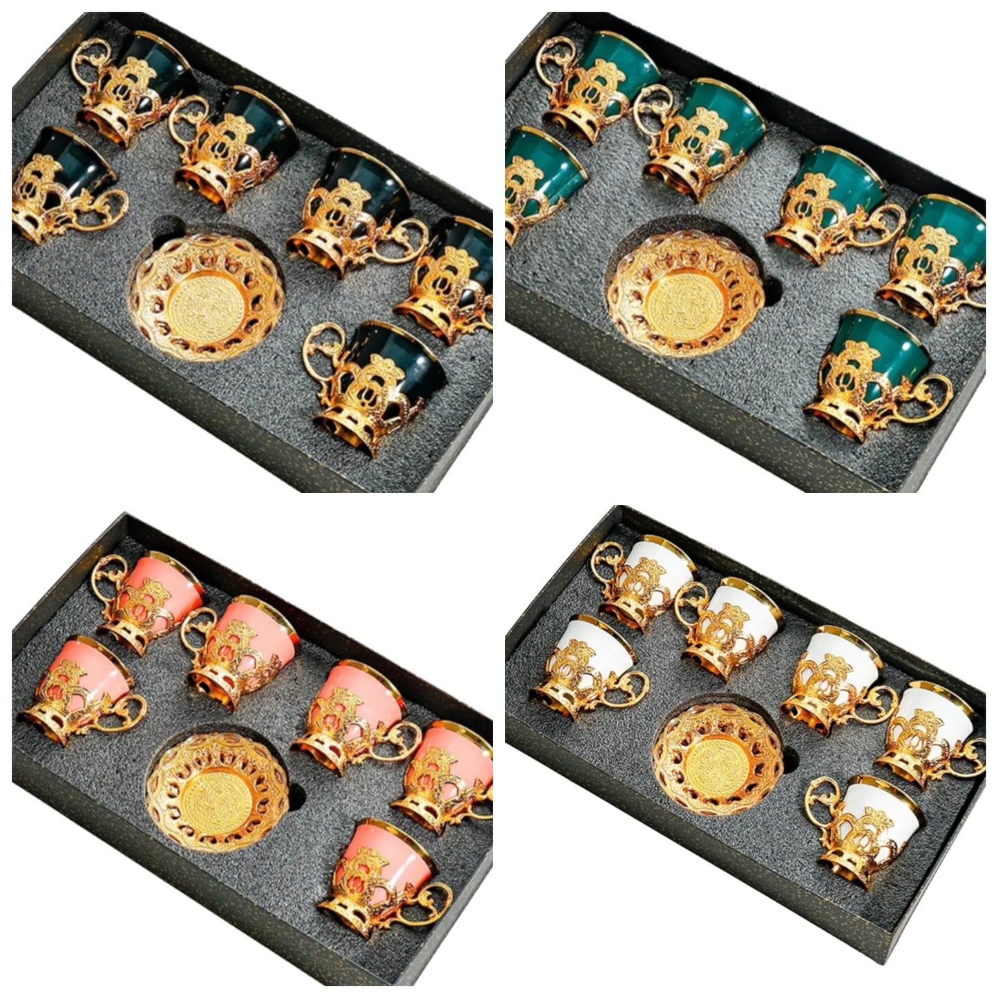 GOLD PLATED Ceramic Coffee Cup Dish Set Simple Gold Plated Mug-Pink 6 cups 6 plates