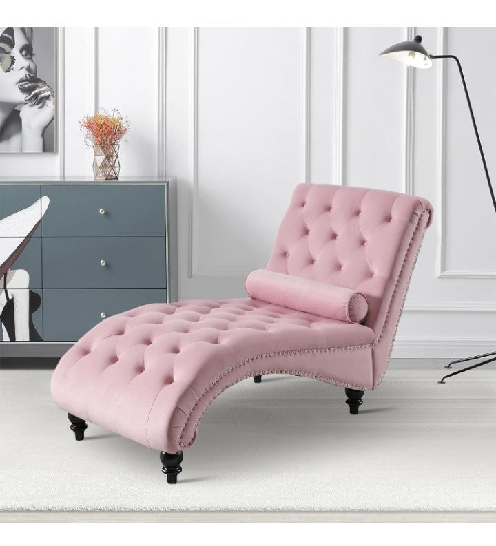 Velvet Chaise Lounge Indoor with Toss Pillow, Modern Pink Chaise Lounge Chair, Upholstered Armless Velvet Chairs with Tufted Buttons and Nail Heads for Living Room, Bedroom Furniture