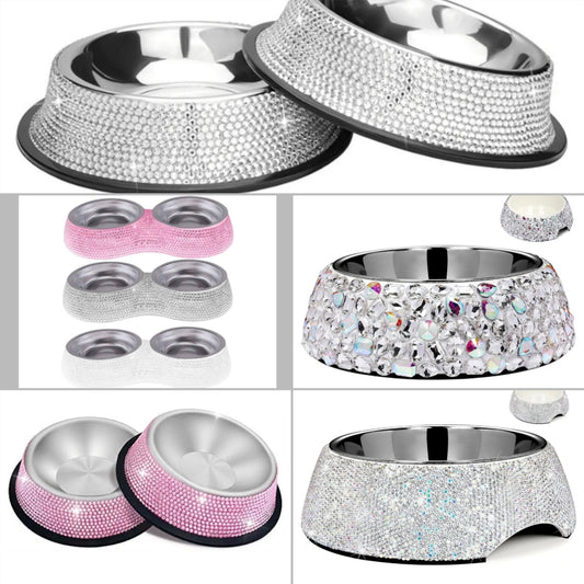 Rhinestone Pet Bowls, Bling Dog Cat Bowl Stainless Steel for Pets Food Water Dishes-2 Pack or single bowl