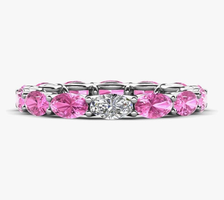 COCOMONEY Oval Lab Grown Diamond & Pink Sapphire 4-3/8 ctw in gorgeous drape like basket setting eternity stackable ring 14K Gold