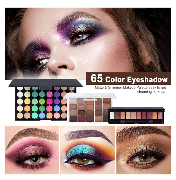 All in One Makeup Kit Full Kit Multipurpose Makeup ,eyeshadow、 liquid foundation,Loose powder,Eyebrow pencil,4-color lip gloss set