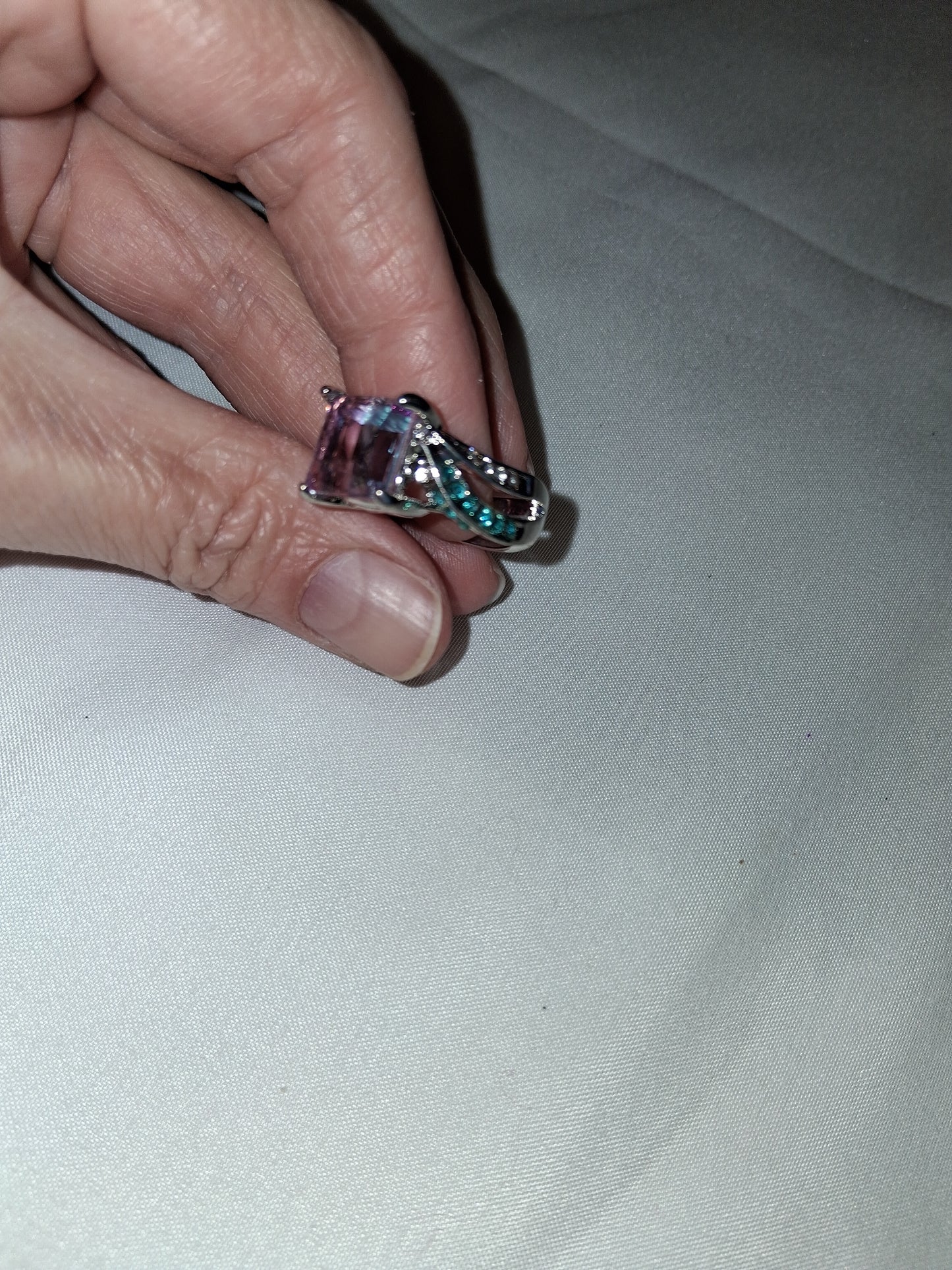 Costume silver plated pink blue ring size 10