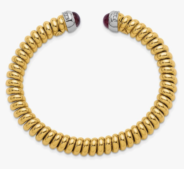 COCOMONEY 0.18 Ct Diamonds and Garnet 18k Yellow Gold High Polish Woven Ribbed Cuff Bangle Bracelet - Artistic Elegance