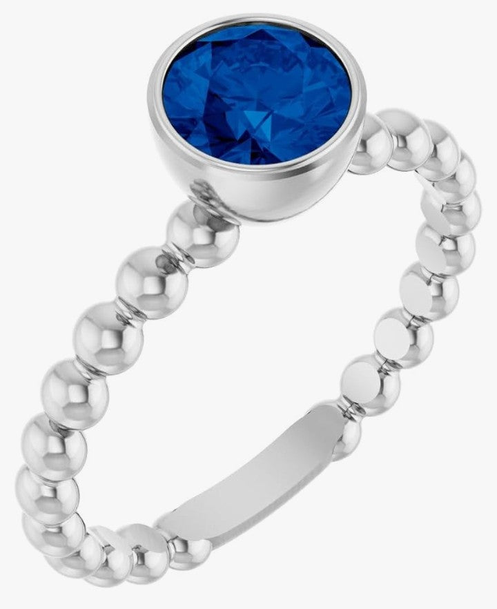 COCOMONEY 14k White Gold Bezel-Set Blue Sapphire Family Stackable Beaded Fashion Ring Fine Jewelry For Women Gifts For Her, Size 7