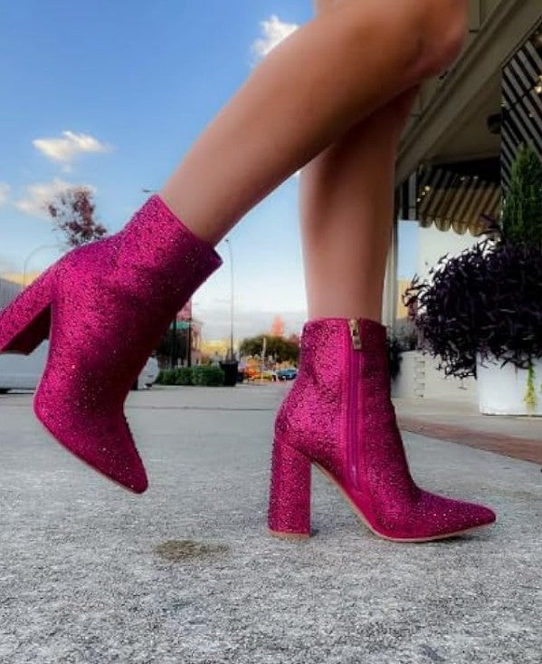 Women's Rhinestone Block Heel Mid Calf Ankle Booties Short Knee High Boots Runway