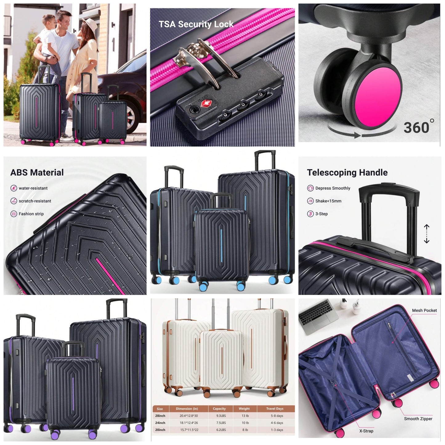 Hardside Lightweight Suitcase With Double Spinner Wheels,TSA Lock, 3-Piece Luggage Set(20/24/28inch),Suitable For Travel,Business Trip, Back To School, Fitness, Vacation, Hospitalization