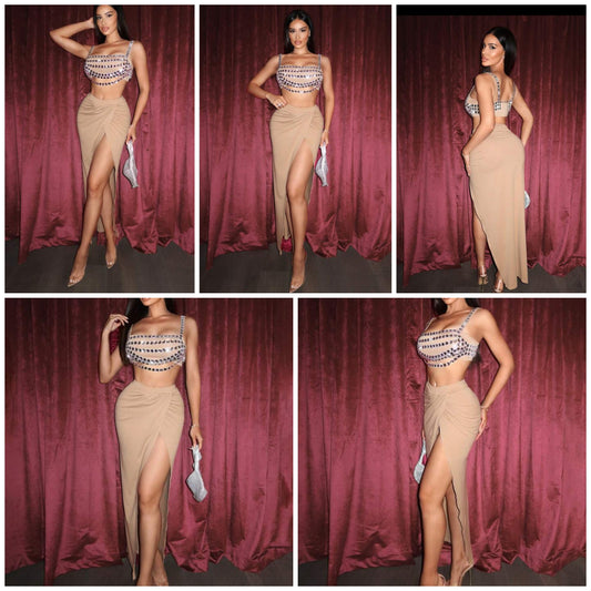 Rhinestone Decor Sleeveless Top & Pleated Slit Hem Skirt Sexy 2-Piece Set (Without Inner Wear) COCOMONEY