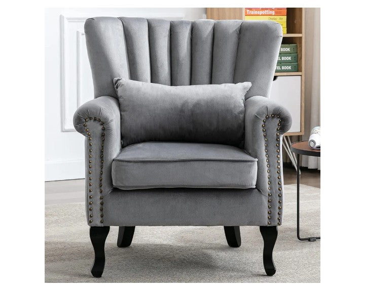 Mid Century Modern Accent Chair Upholstered Armchair Comfy Velvet Fabric Single Sofa with Lined Wingback for Small Spaces Bedroom Living Room, Velvet Black, 30.1D x 30.5W x 35H in