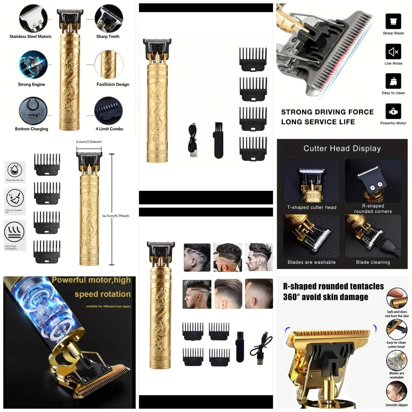 1pc Rechargeable Electric Hair Trimmer For Men, ABS Material With Dragon & Phoenix Patterns, Cordless Portable Design For Home/Travel Use, Professional Hairstylist Haircut Clipper