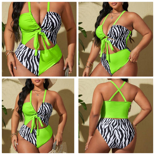 Plus Size Summer Beach Color-Blocking Zebra Print Halter Neck One-Piece Swimsuit COCOMONEY