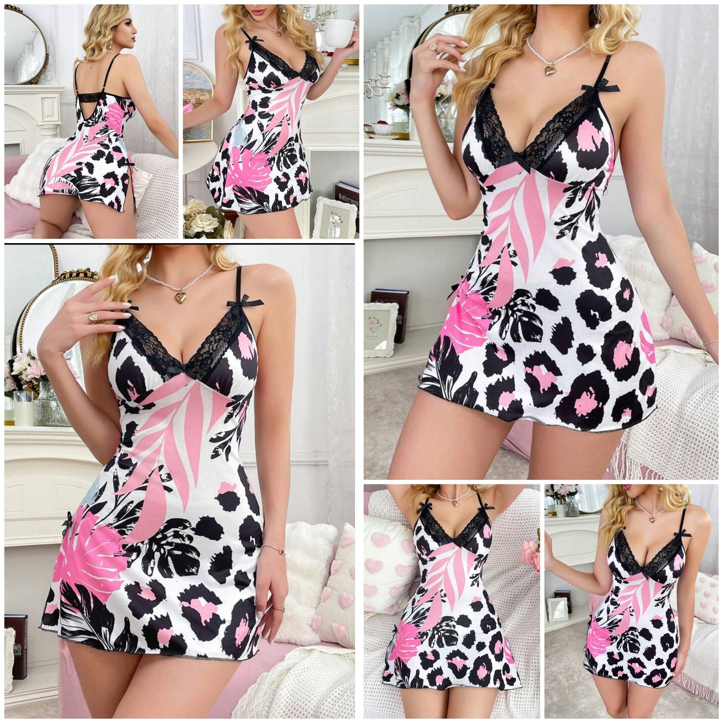 Sexy Leopard Print Splice Lace Bow Decor Suspender Nightgown