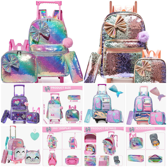 Rolling Backpack for Girls Roller Backpacks with Wheels Kids Wheeled Sequin Suitcase Trolley Trip Luggage for Elementary Kindergarten Student with Lunch Box Pencil Case for Kids 5-12 Years Old