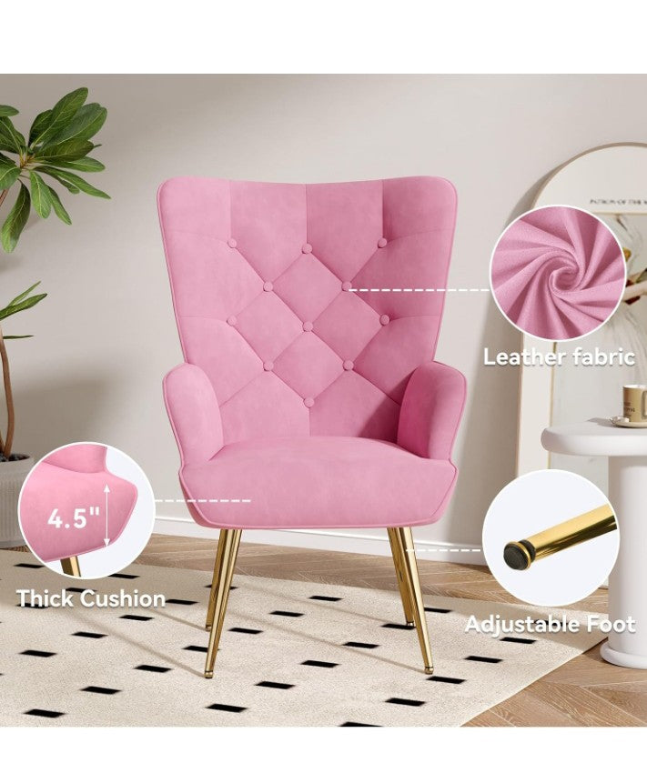 Mid Century Modern Accent Chair, Velvet Upholstered Armchair with Metal Legs, Tufted Button Wingback Side Chair, High Back Reading Chair for Living Room Bedroom