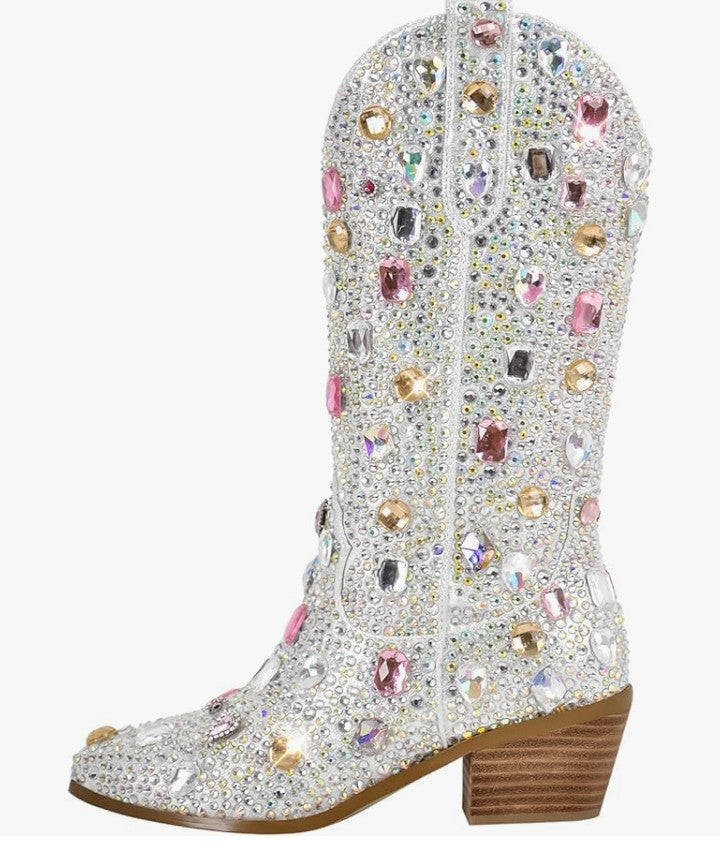 Sparkly Rhinestones Cowboy Cowgirl Style Boots Calf High Boots for Women 2INCH Heeled Shining