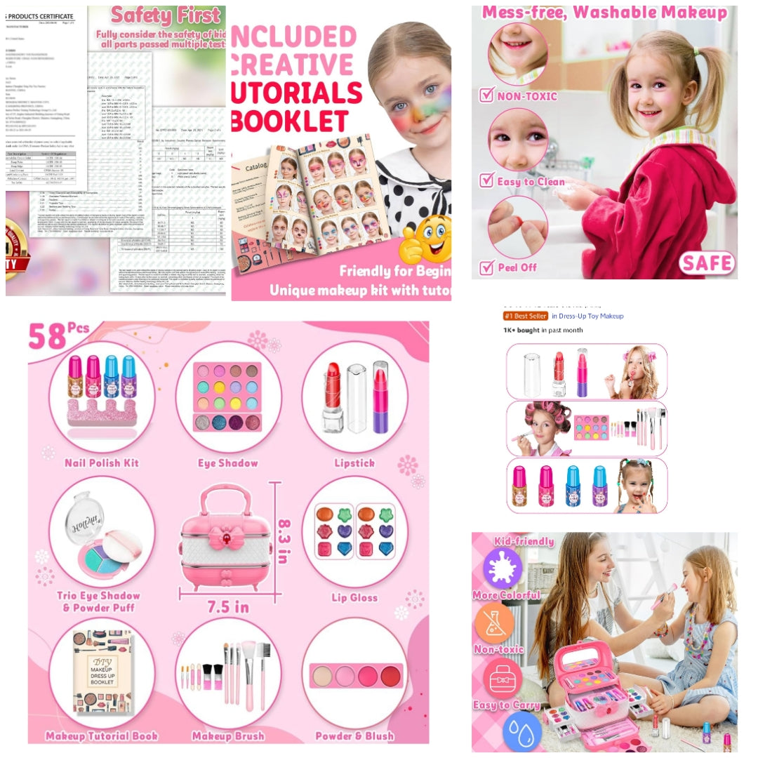 58 Pcs Kids Makeup Kit for Girl, Princess Toys Real Washable Cosmetic Set with Mirror, Kids Makeup Sets for Girls, Play Make Up Birthday Gifts for 3 4 5 6 7 8 9 10 11 12 Years Old Kid