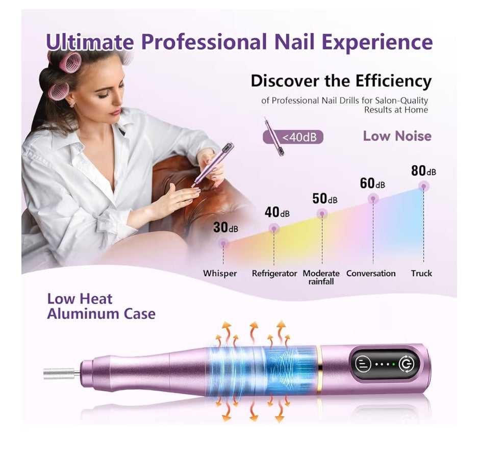Nail Drill Cordless Electric Nail File Kit Rechargeable Professional Efile Nail Set, Portable Acrylic Gel Nail Polish Remover Machine Pedicure Manicure Tool, 11 Bits 56 Sanding Bands Salon Home