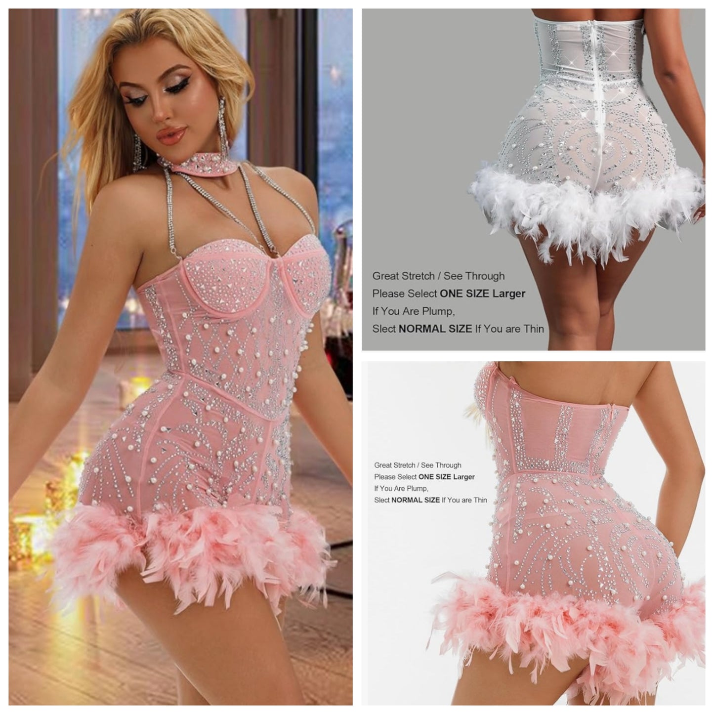 COCOMONEY beaded feather rhinestone mesh sheer sexy dress