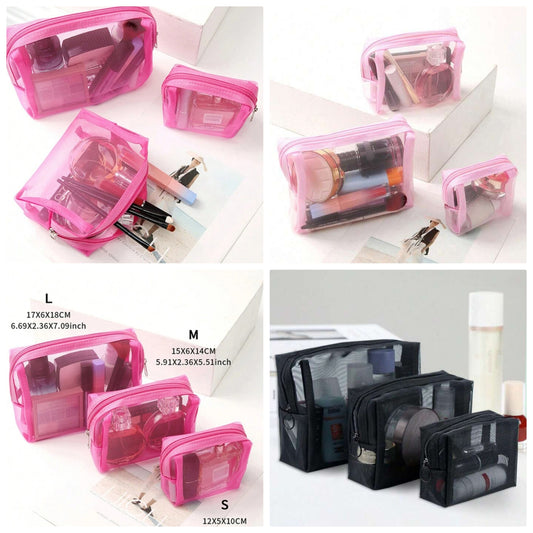 3pcs/Set Pink Transparent Mesh Makeup Bag Set, Including Large Capacity Makeup Organizer, Small Lipstick Pouch, And Medium Travel Toiletry Bag