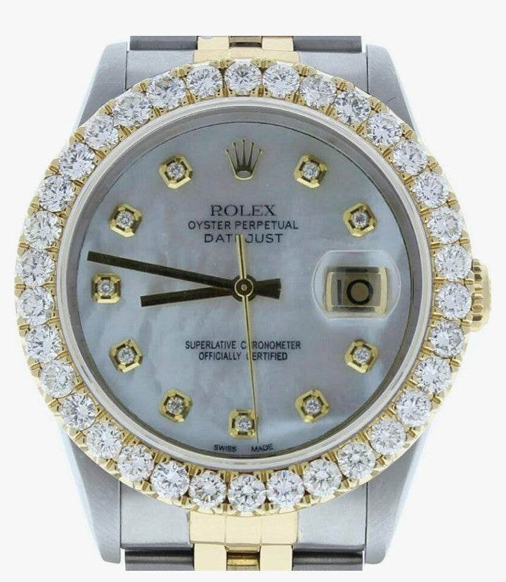 Rolex Datejust 36mm Watch 16233 Custom Mother of Pearl Diamond Dial & 3CT Diamond Bezel (Preowned)