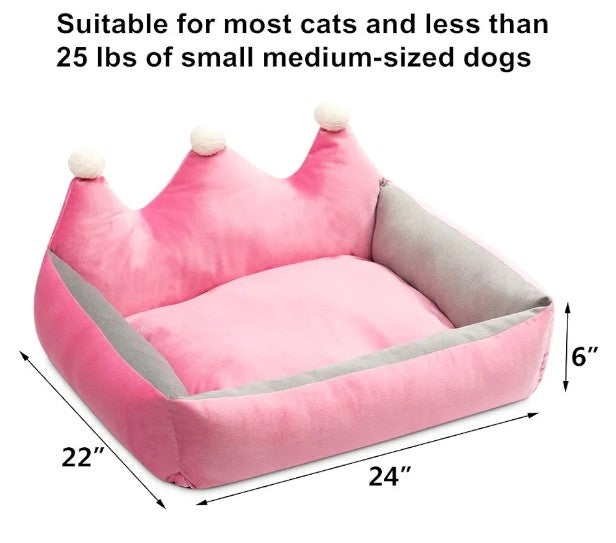 Pet Bed for Dog or Cat Rectangle Plush Warm Puppy Sofa Mat Cushion, Pink Crown