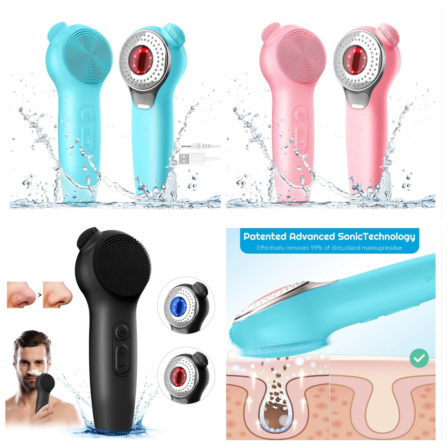 Silicone Face Scrubber, Waterproof Facial Cleansing Brush with Red Light Thermal Massage, Electric Face Scrubber with Nose Scrubber Exfoliator for Women/Men Deep Cleansing, Power Exfoliating